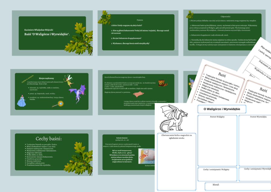 Baśń "O WALIGÓRZE I WYRWIDĘBIE" – prezentacja + 2 karty pracy + wklejka