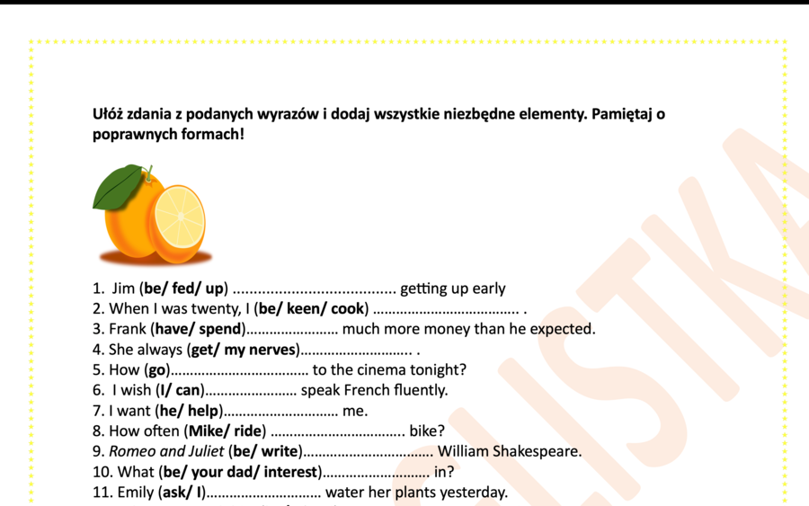 Układanie zdań z podanych elementów- nowy zestaw+ KLUCZ- egzamin ósmoklasisty