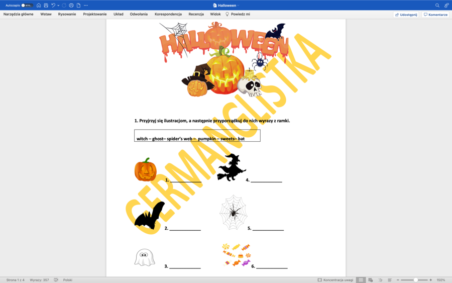 Halloweenowe ćwiczenia + klucz+ słowniczek