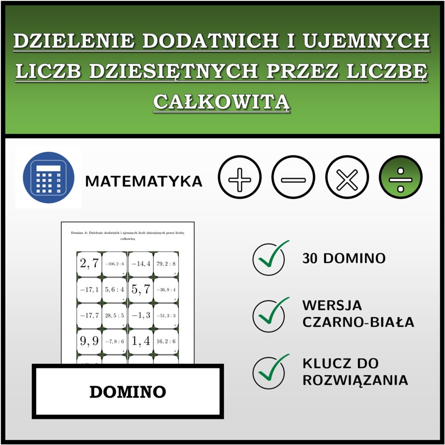 Domino - Dzielenie dodatnich i ujemnych liczb dziesiętnych przez liczbę całkowitą | matematyka