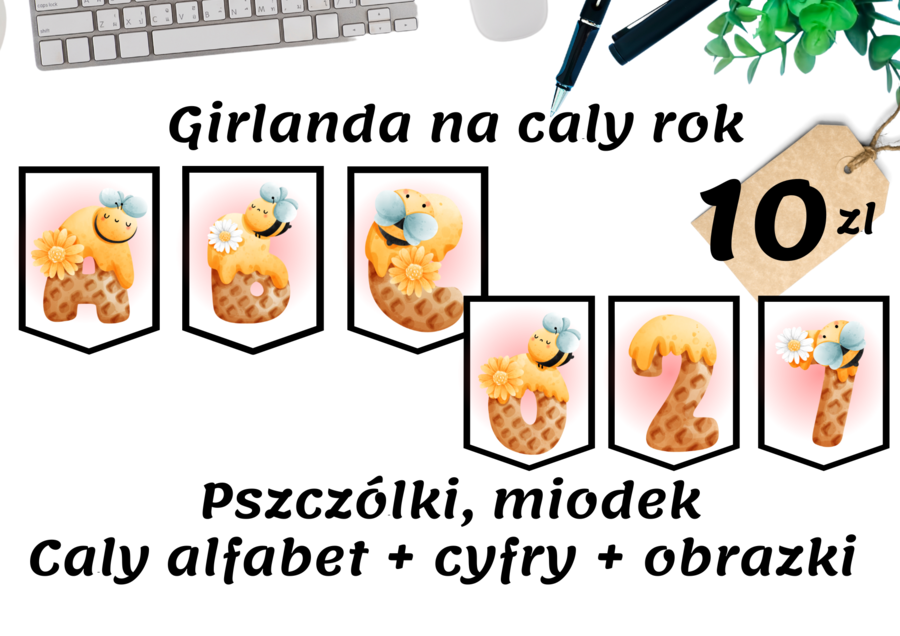 Girlanda na cały rok - Wafelki oblane miodem oraz pszczółki - litery i cyfry + obrazki