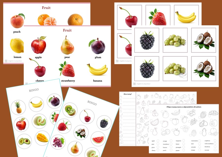 Angielski – komplet materiałów z zakresu leksykalnego OWOCE; Memory, BINGO, ćwiczenia Materiał cyfrowy