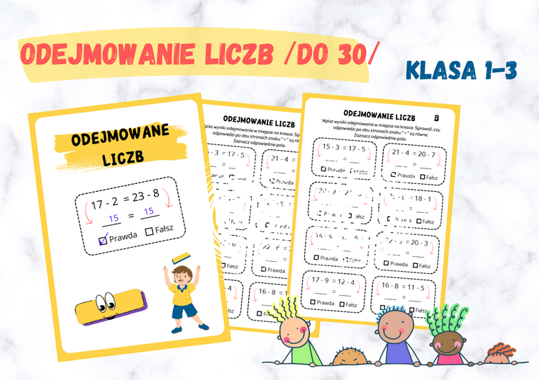 Odejmowanie do 30 - karta pracy dla dwóch grup, kartkówka