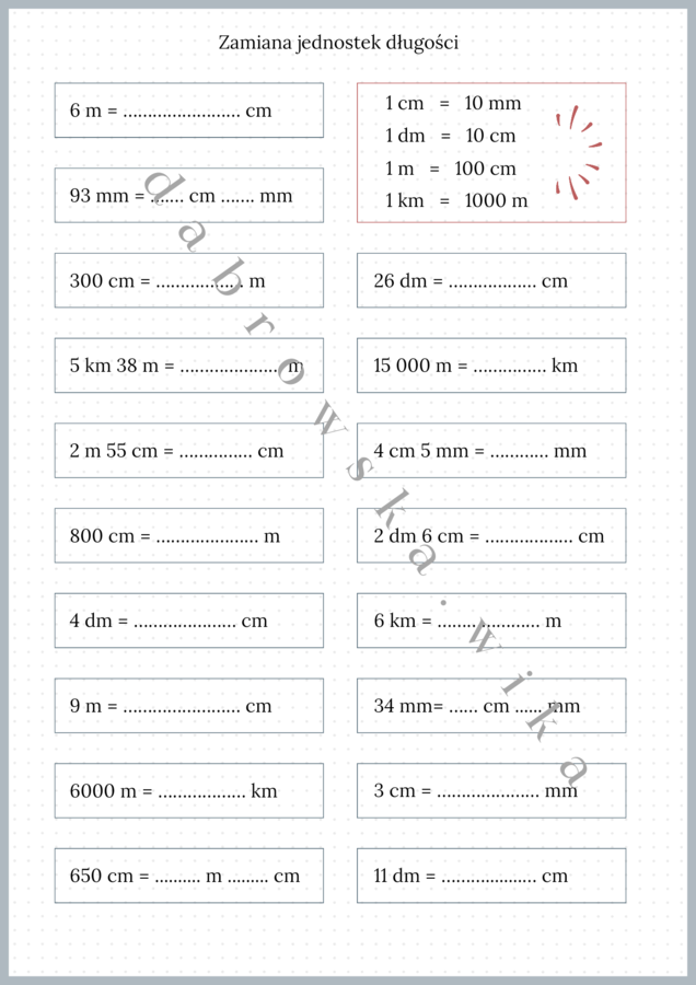 Zamiana jednostek długości - karta pracy