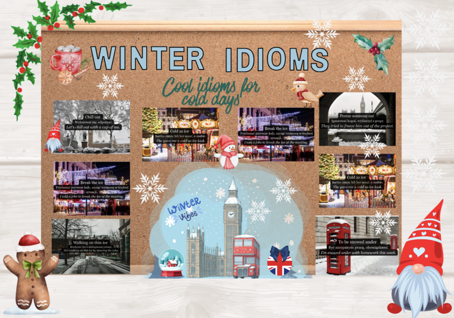 ❄️🇬🇧 Gazetka językowa „WINTER IDIOMS” 🇬🇧❄️8 plansz z idiomami, tłumaczeniem i przykładem zdania| Edukacyjna i kolorowa dekoracja klasy lub korytarza