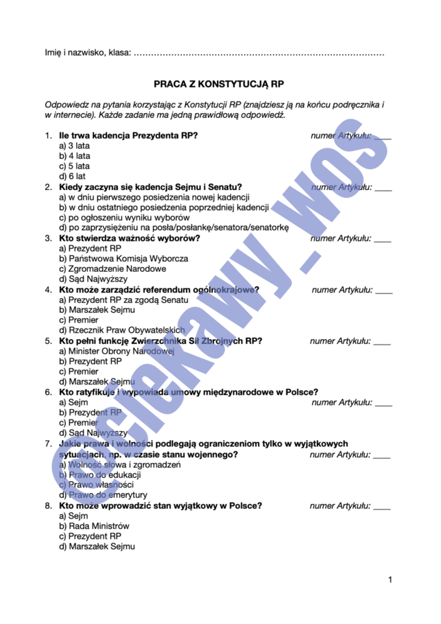 Praca własna z Konstytucją RP – karta pracy