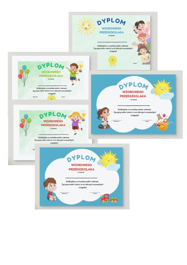 Dyplomy dla wzorowych przedszkolaków. 5 sztuk w zestawie. Plik PNG (ZIP)