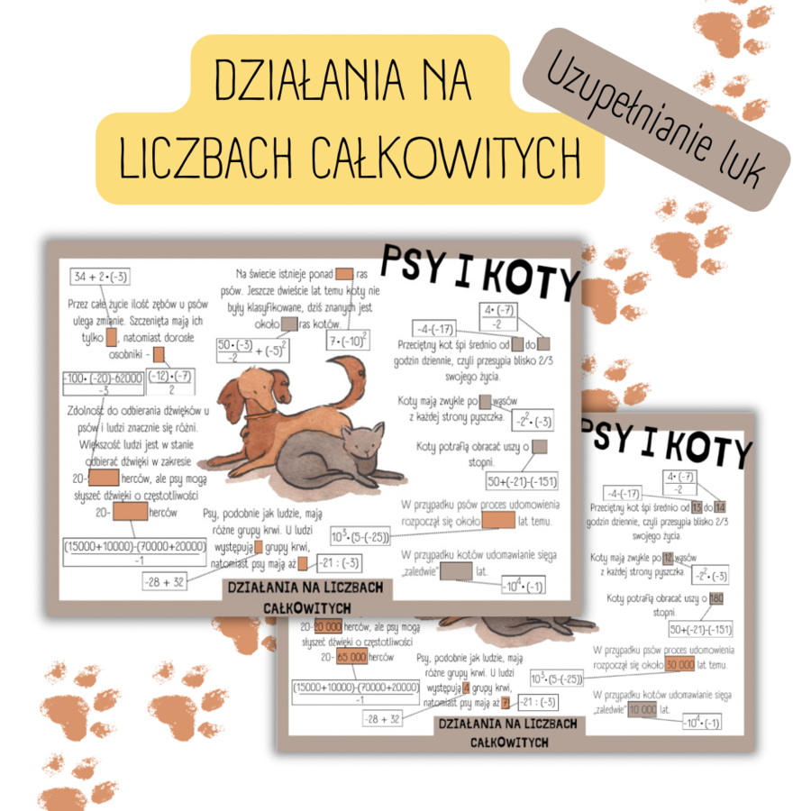 Działania na liczbach CAŁKOWITYCH - uzupełnianie luk / ciekawostki / psy / koty