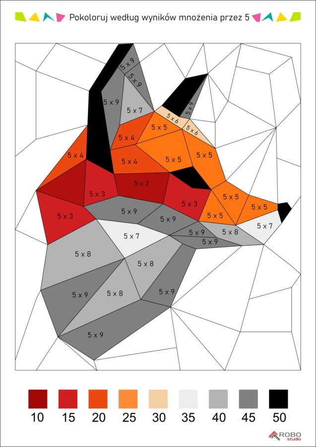 Tabliczka mnożenia, mnożenie przez 5, wielokrotności, kolorowanka lisek