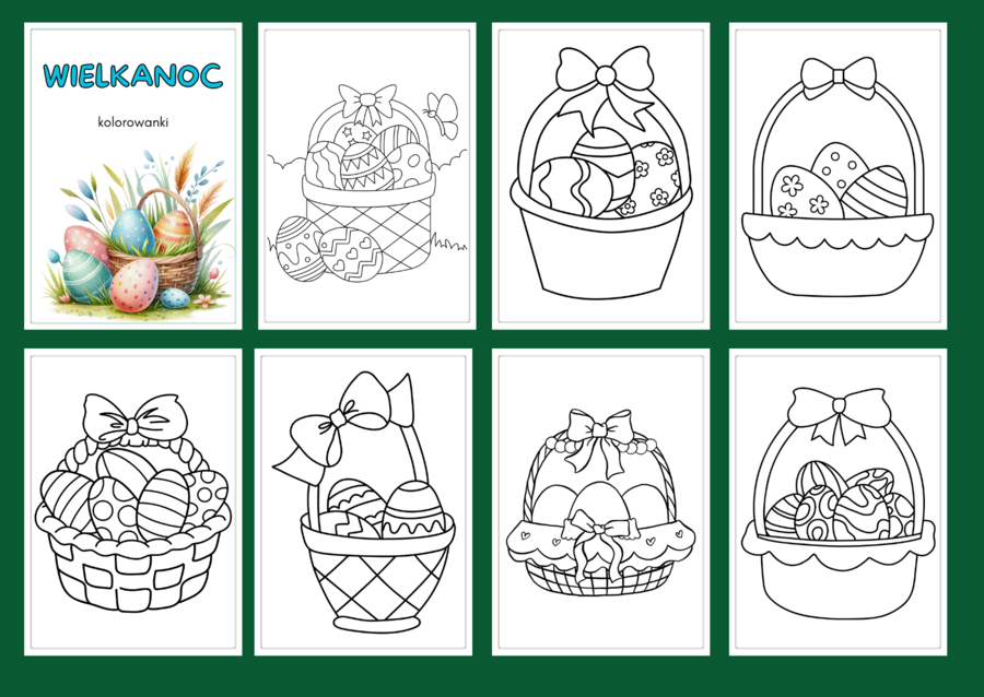 WIELKANOC – Galeria – KOSZYCZKI WIELKANOCNE - kolorowanka – kolorowanki – WIOSNA – biblioteka – świetlica – przedszkole – 30 wersji