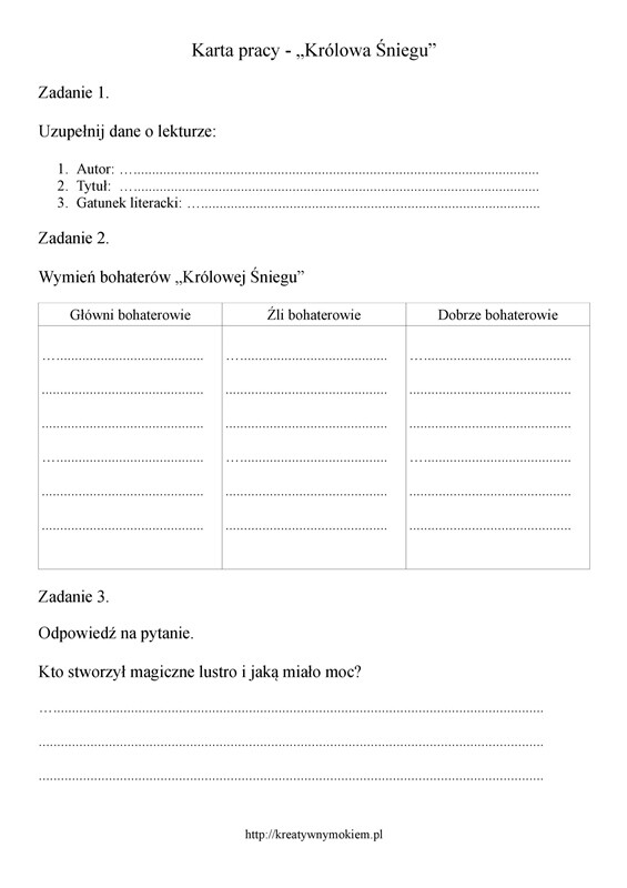 Karta pracy sprawdzająca znajomość "Królowej Śniegu"