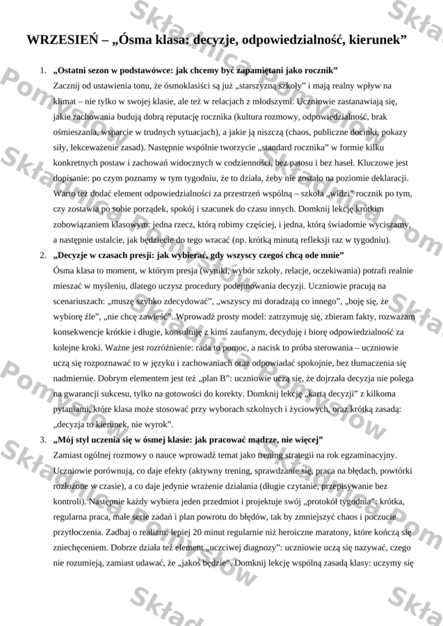 Klasa 8 - godziny wychowawcze | 40 tematów z krótkim omówieniem (plan na cały rok) | lekcje wychowawcze (DOCX)