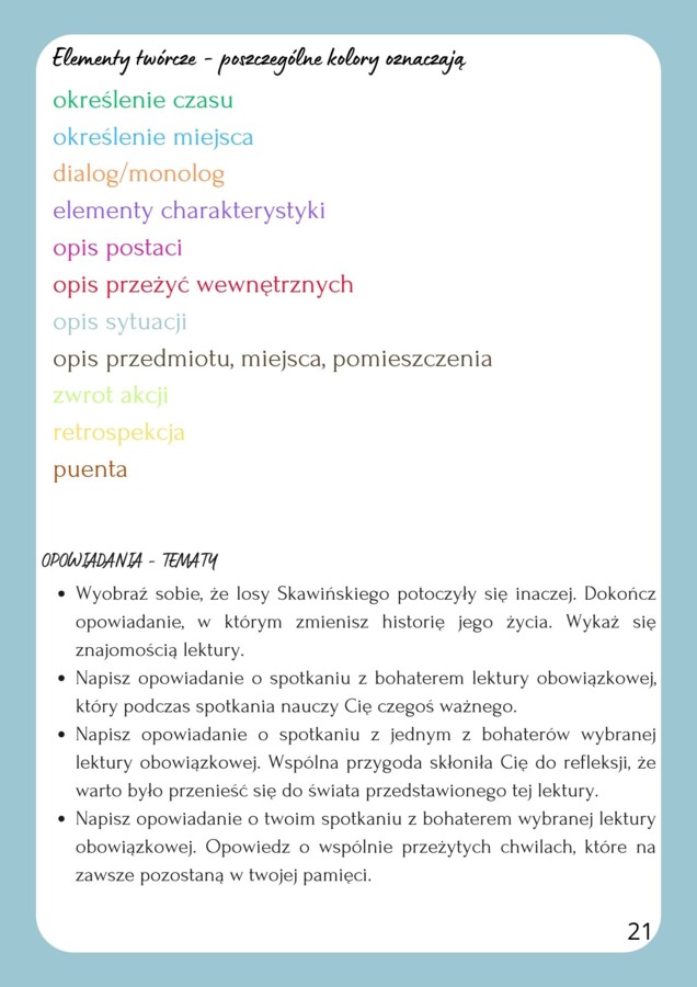 Wzorcowe formy wypowiedzi - przemówienia, rozprawki, opowiadania twórcze. Przykładowe wypracowania z analizą kolorystyczną. Egzamin ósmoklasisty