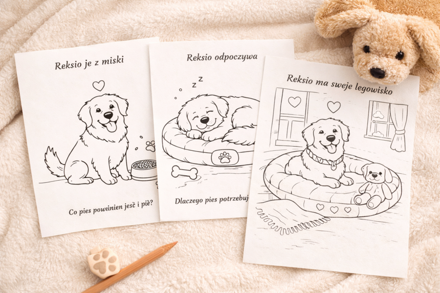 Kolorowanka: Reksio w domu i w ogrodzie