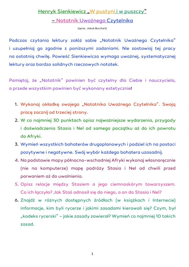 "W pustyni i puszczy" - zagadnienia do Notatnika Uważnego Czytelnika