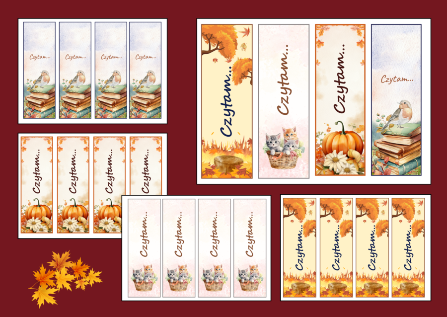 🍁 „Czytam…” – JESIENNE zakładki do książek – 🍂zakładka – biblioteka – jesień – wersja 3