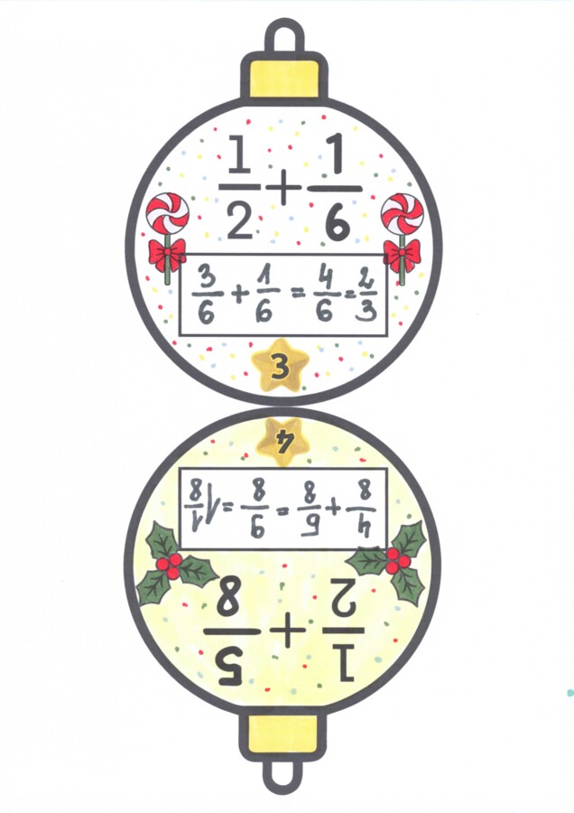 Ułamkowe bombki - dodawanie ułamków zwykłych o różnych mianownikach