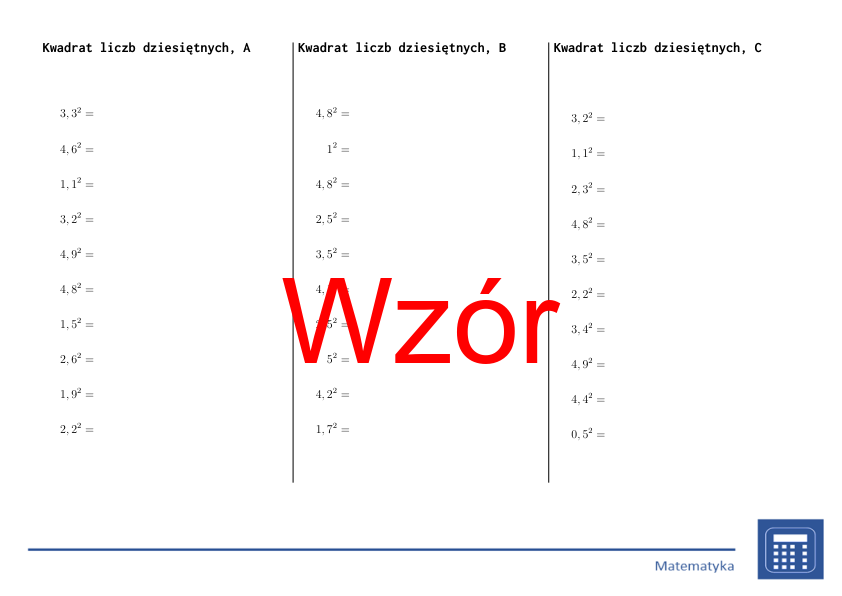 Kwadrat liczb dziesiętnych | matematyka | 26 kolumn