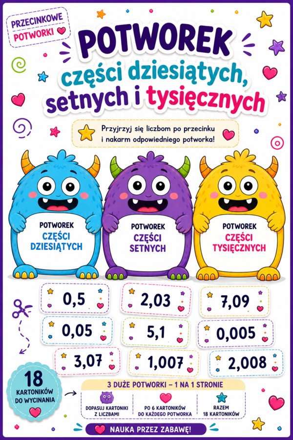 👾 Przecinkowe Potworki – części dziesiąte, setne i tysięczne | Matematyka klasy 4–5, SPE