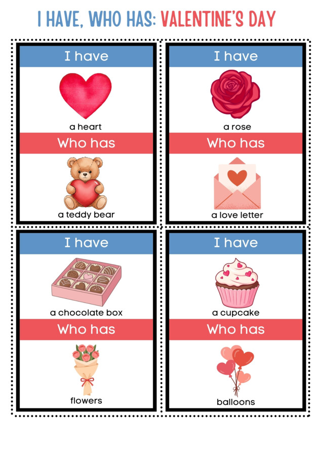 I HAVE... WHO HAS...? - VALENTINE'S DAY | Gra Ja mam, Kto ma w języku angielskim do ćwiczenia słownictwa (WALENTYNKI) ESL (A1)