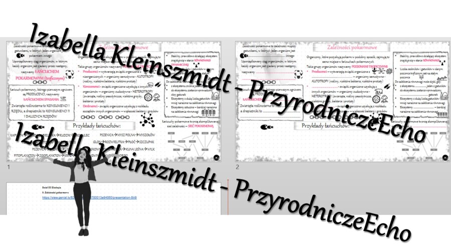 Minizestaw na temat „Zależności pokarmowe” – sketchnotka + karta pracy w power point + gratisowy link do prezentacji multimedialnej niekomercyjnej wykonanej w genial.ly do indywidualnego pobrania i użycia do celów niekomercyjnych. Biologia 8, „Ekologia”
