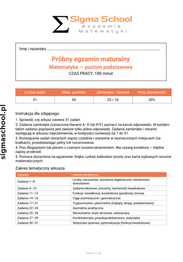 Próbny egzamin maturalny z matematyki – poziom podstawowy (Sigma School)