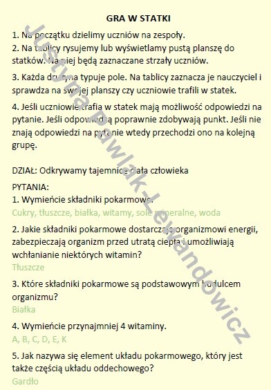 Odkrywamy tajemnice ciała człowieka (gra w statki na podsumowanie)