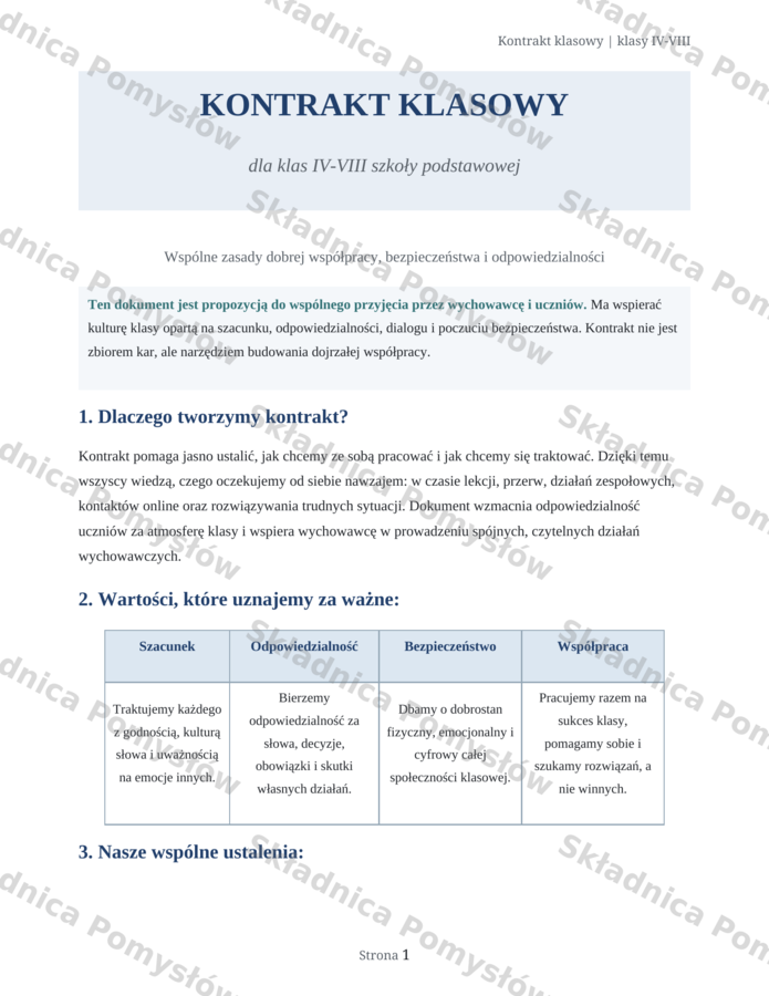 KONTRAKT KLASOWY dla klas 4 - 8; edytowalny dokument wychowawcy; zajęcia z wychowawcą; dokument do pracy z klasą