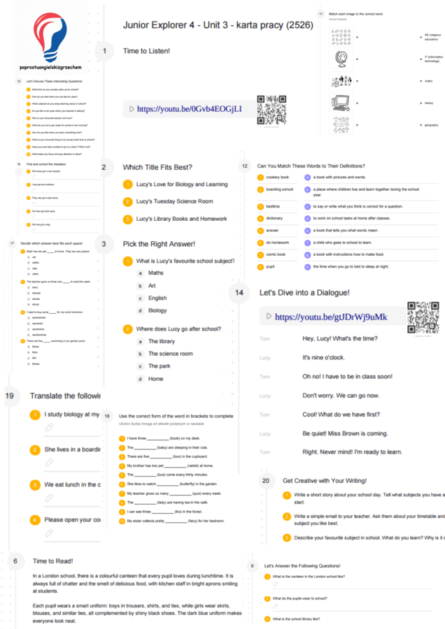 Junior Explorer 4 – Unit 3 – karta pracy