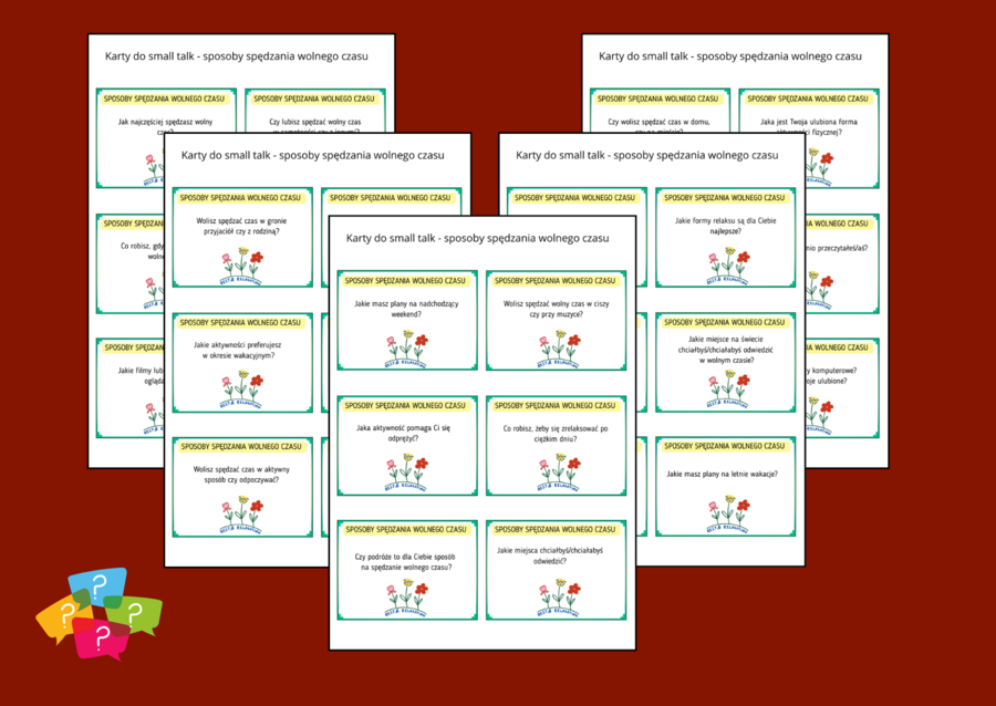 SPOSOBY SPĘDZANIA WOLNEGO CZASU - Karty do SMALL TALK - pytania uniwersalne - ZAJĘCIA Z WYCHOWAWCĄ - biblioteka - świetlica - gra