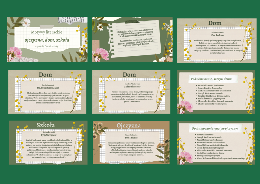MOTYWY LITERACKIE - OJCZYZNA, DOM, SZKOŁA - prezentacja - 33 slajdy - lektury kl.7-8 i nie tylko - egzamin - powtórzenie