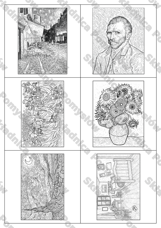 VINCENT VAN GOGH – 6 kolorowanek A4 + miniatury obrazów + tytuły ; karta pracy; plastyka; plakat; dekoracja