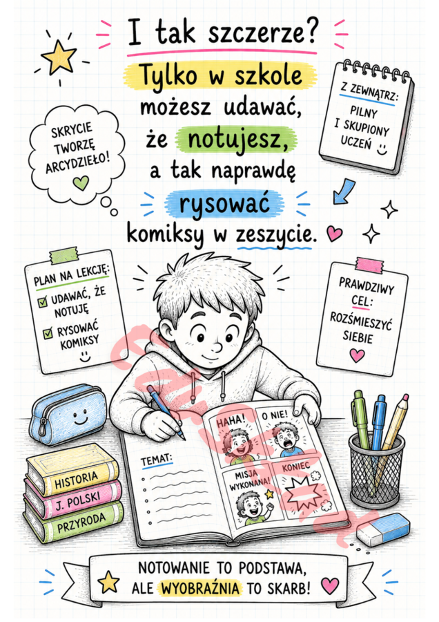 📚 Dlaczego warto chodzić do szkoły? – gazetka szkolna w wersji rysunkowej