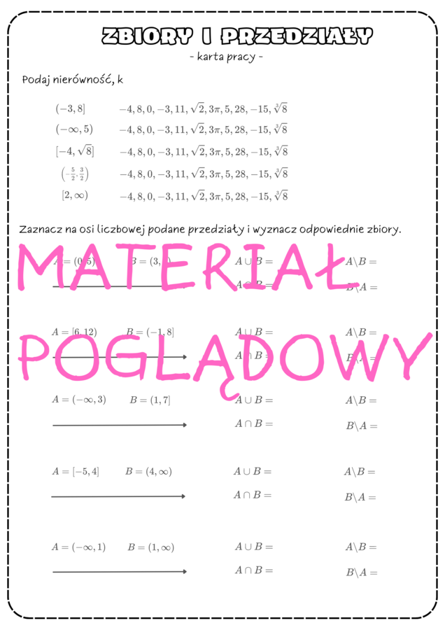 Zbiory liczbowe, przedziały - karta pracy. Klasa 1