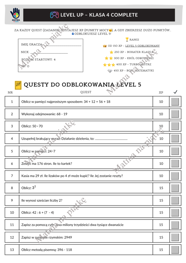 Klasa 4 - 33 Zadania na Koniec Roku Szkolnego w formie gry