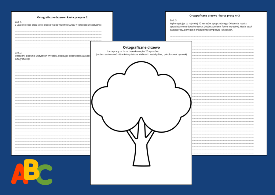 ORTOGRAFICZNE DRZEWO - karta pracy - karty pracy – zasady ortograficzne – ORTOGRAFIA – ćwiczenia redakcyjne – opowiadanie