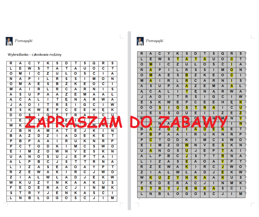 ♥♥Wykreślanka Dzień Rodziny, Dzień Mamy, Dzień Taty - członkowie rodziny