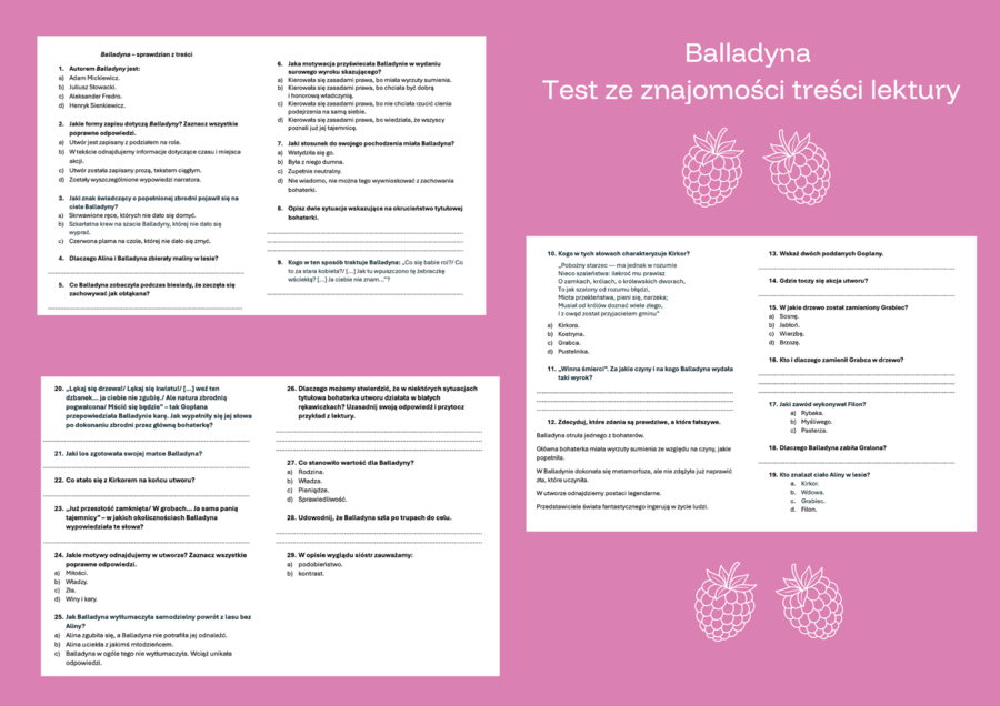 Balladyna - test ze znajomości lektury