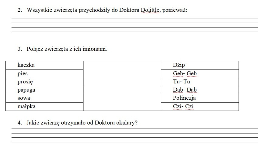 Test z lektury "Doktor Dolitlle i jego zwierzęta"