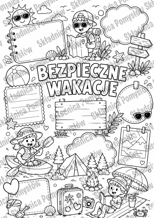 BEZPIECZNE WAKACJE - pakiet: kolorowanka XXL + miniatura A4; gazetka; dekoracja; plakat; lekcja wychowawcza