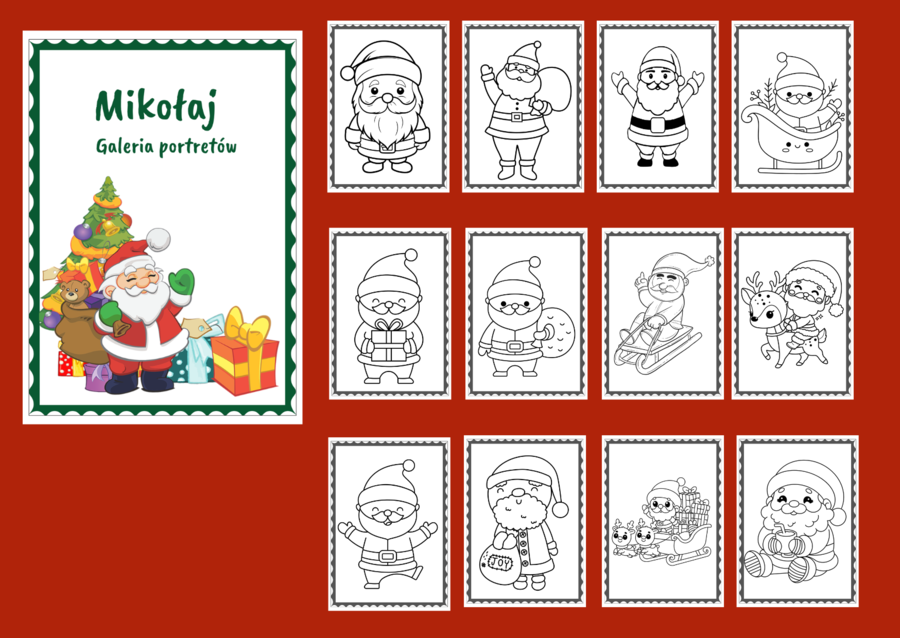 MIKOŁAJKI – Boże Narodzenie - Galeria portretów - kolorowanka - kolorowanki – biblioteka – świetlica – przedszkole – 24 wersje