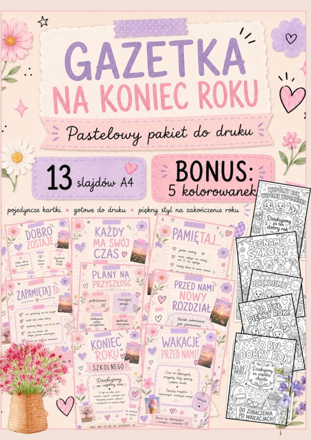 🌸 PASTELOWA GAZETKA NA KONIEC ROKU SZKOLNEGO 🌸