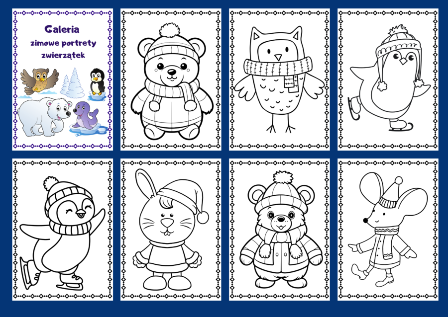 ZIMA - kolorowanka - zwierzątka – kolorowanki – biblioteka – świetlica – przedszkole – 34 wersje