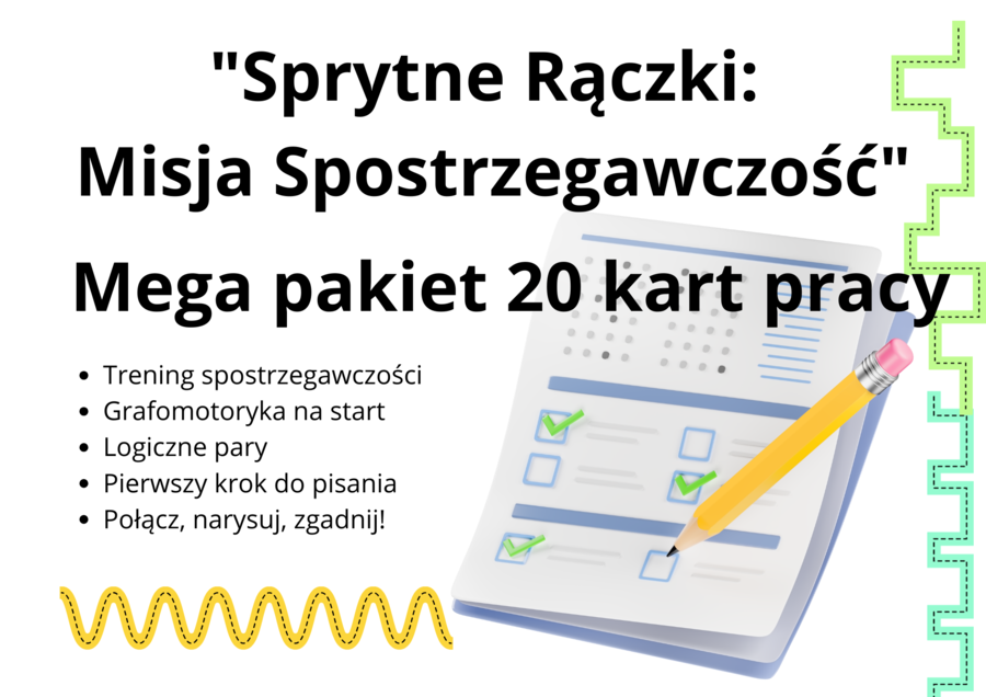 Grafomotoryka: Misja Spostrzegawczość Mega pakiet 20 kart pracy