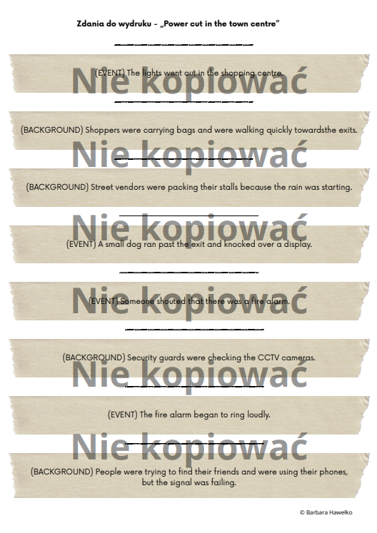 Scenariusz i karta pracy "Power cut in the town center" Past Simple v. Continuous B1