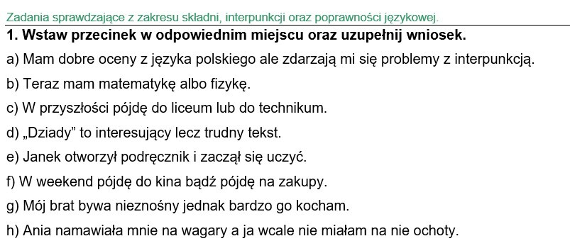 Zadania z zakresu interpunkcji, składni oraz poprawności językowej