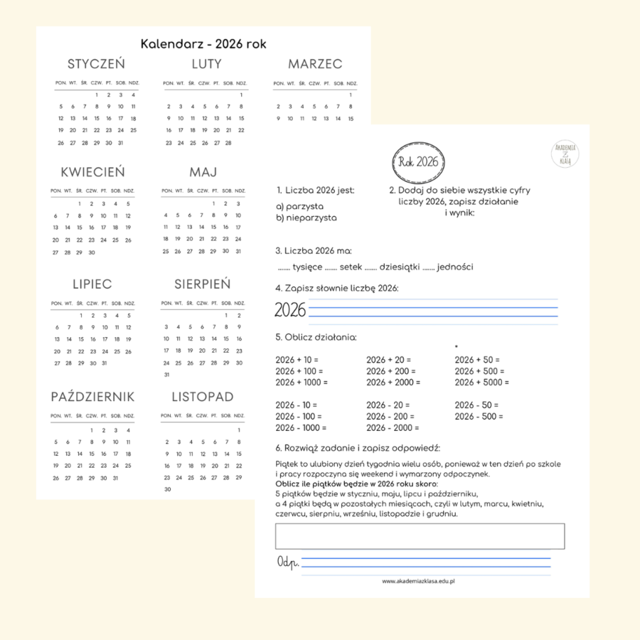 KALENDARZ NA 2026 ROK- ZADANIA DLA KLAS 2 i 3