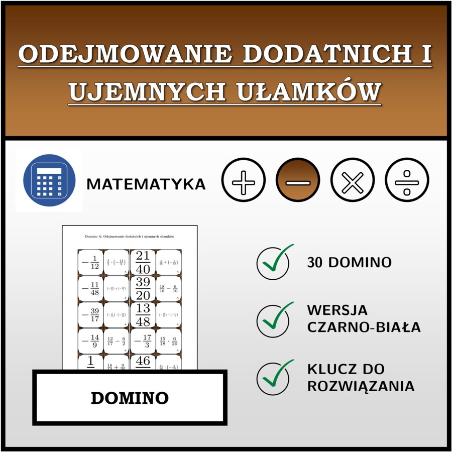 Domino - Odejmowanie dodatnich i ujemnych ułamków | matematyka
