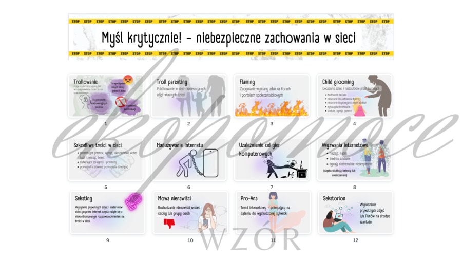 Gazetka szkolna na temat bezpiecznego korzystania z Internetu pt. Myśl krytycznie! - niebezpieczne zachowania w sieci + PREZENTACJA GRATIS