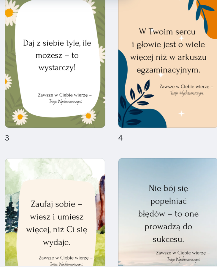 Motywacyjne Karty Wychowawczyni – wsparcie na czas egzaminów ósmoklasisty, karty motywacyjne E8